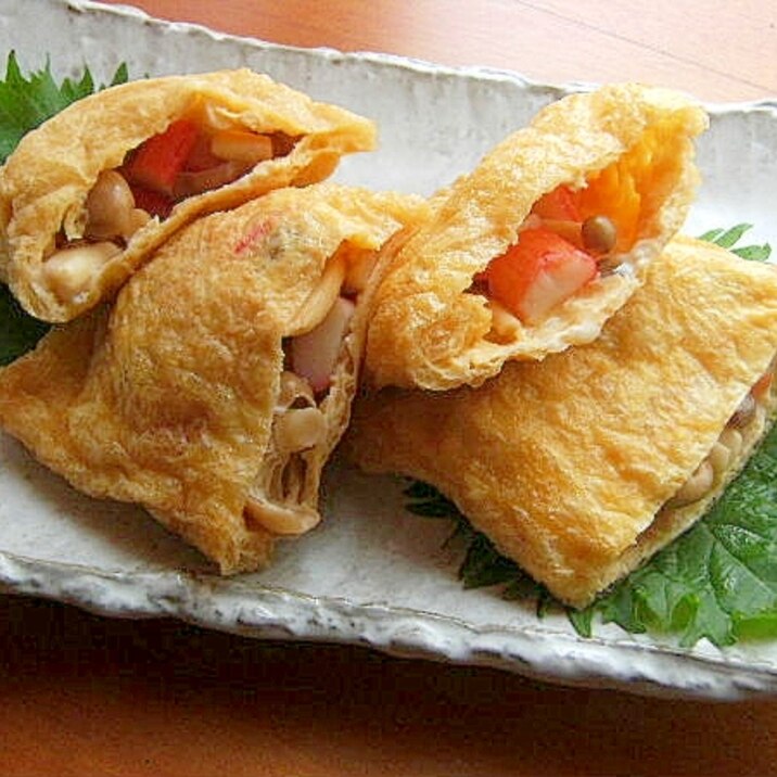 味付けに工夫❤油揚げの袋煮♪(かにかま&しめじ)